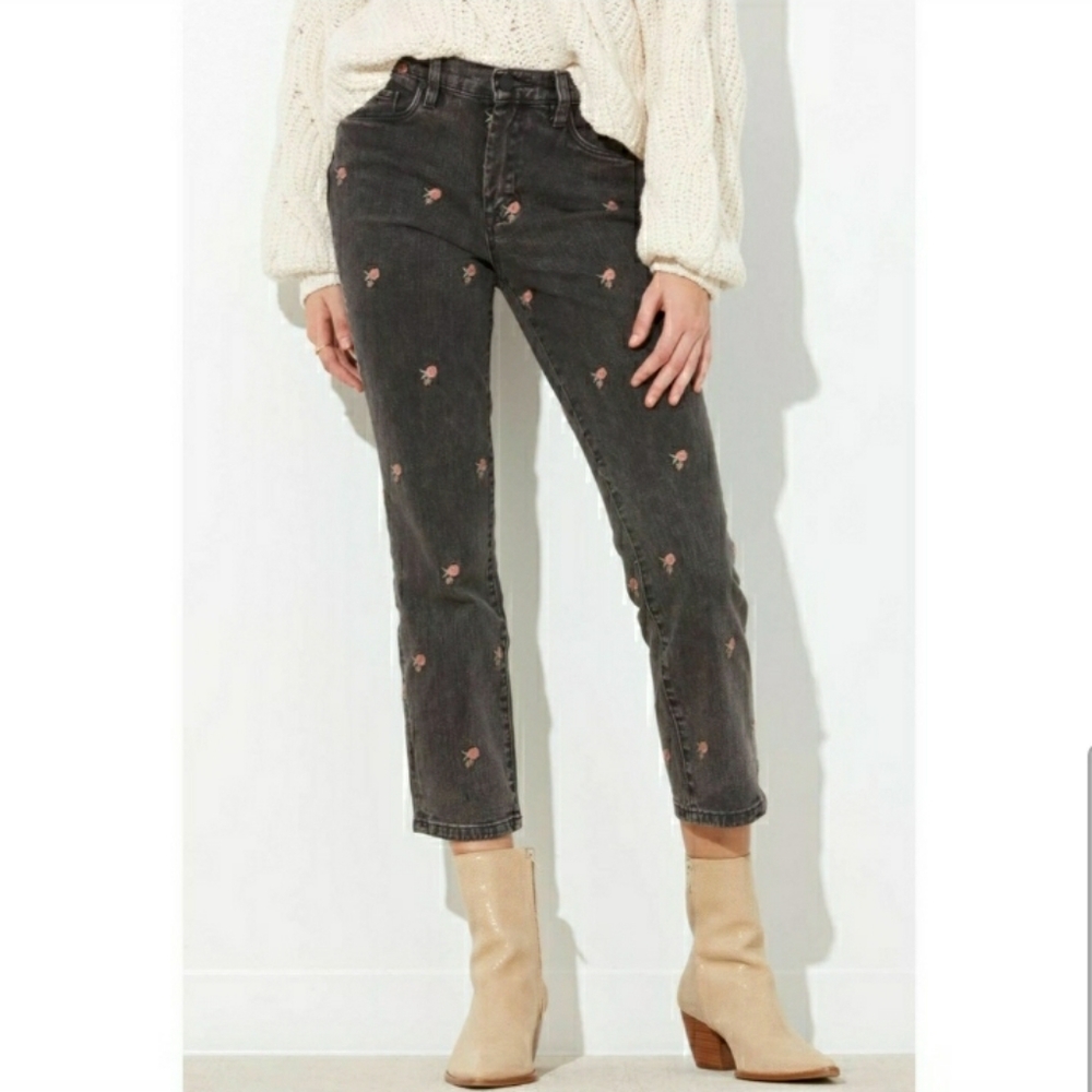 Blank NYC Black Embroidered High Rise Jeans with Pink Rose Details